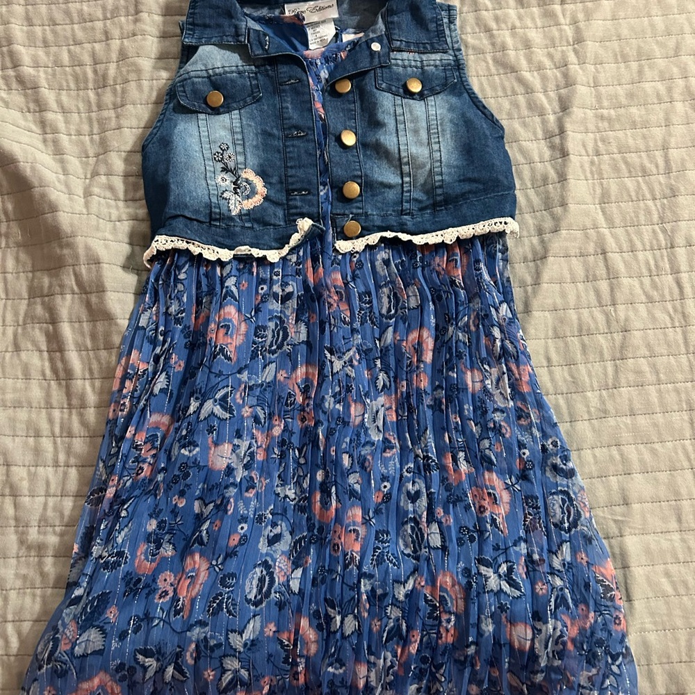 Kids Blue Floral Dress with Denim Vest